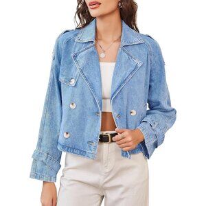 Women’s Light Blue Cropped Denim Trench Jacket Double Breasted Lightweight